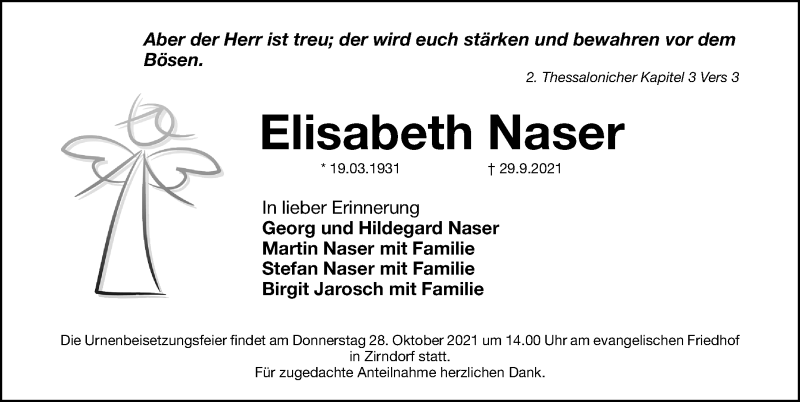  Traueranzeige für Elisabeth Naser vom 26.10.2021 aus Fürther Nachrichten Lokal