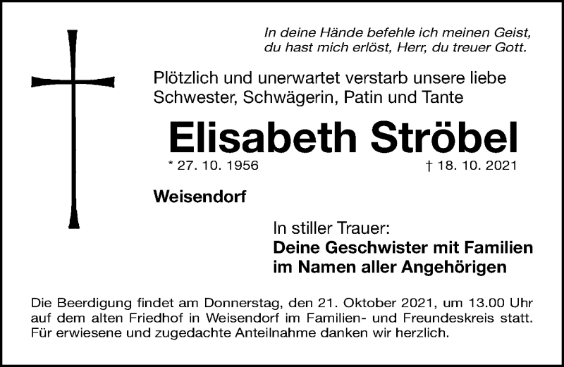  Traueranzeige für Elisabeth Ströbel vom 20.10.2021 aus Erlanger Nachrichten Lokal