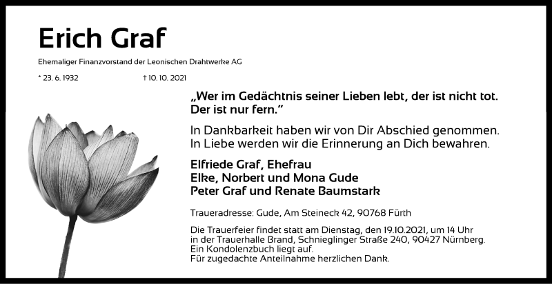  Traueranzeige für Erich Graf vom 15.10.2021 aus Gesamtausgabe Nürnberger Nachrichten/ Nürnberger Ztg.