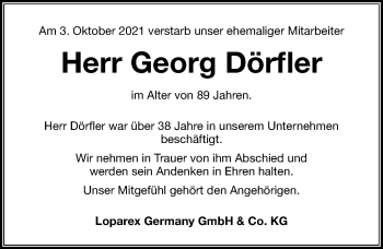 Traueranzeige von Georg Dörfler von Nordbayerische Nachrichten Forchheim Lokal