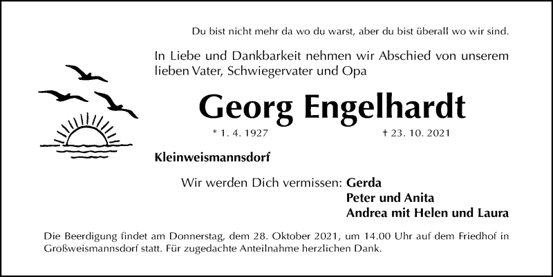  Traueranzeige für Georg Engelhardt vom 26.10.2021 aus Fürther Nachrichten Lokal