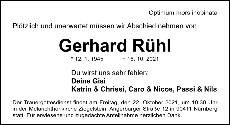  Traueranzeige für Gerhard Rühl vom 20.10.2021 aus Gesamtausgabe Nürnberger Nachrichten/ Nürnberger Ztg.