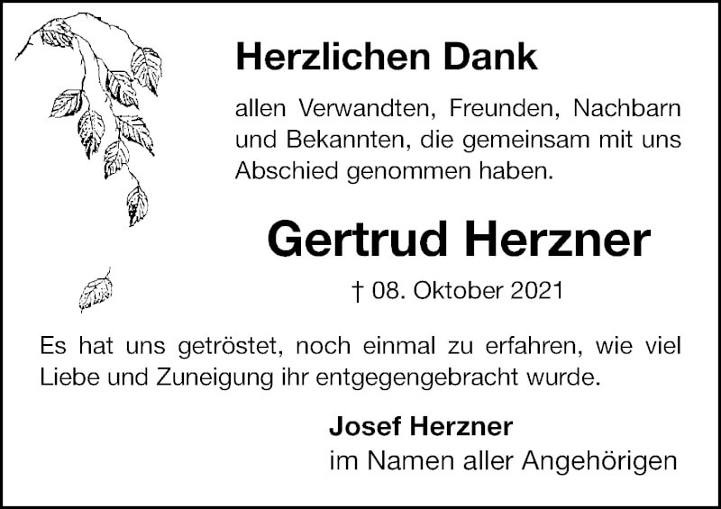  Traueranzeige für Gertrud Herzner vom 30.10.2021 aus Weißenburger Tagblatt u.Treuchtlinger Kurier Lokal