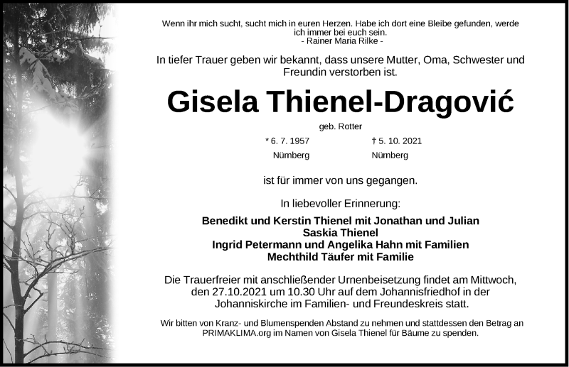  Traueranzeige für Gisela Thienel-Dragovic vom 23.10.2021 aus Gesamtausgabe Nürnberger Nachrichten/ Nürnberger Ztg.