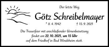 Traueranzeige von Götz Schreibelmayer von Windsheimer Zeitung Lokal