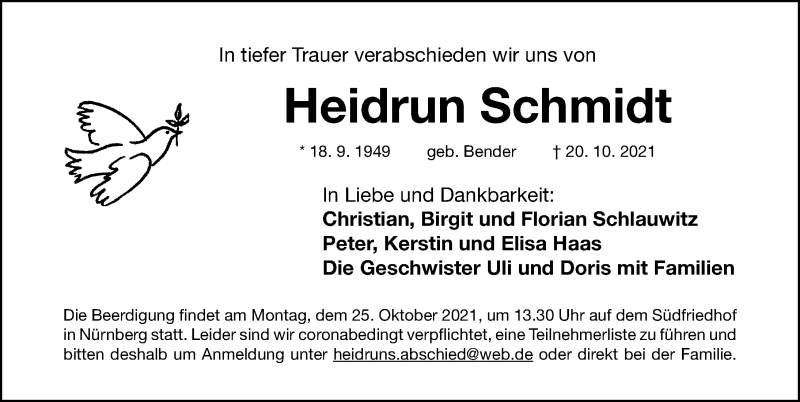  Traueranzeige für Heidrun Schmidt vom 22.10.2021 aus Gesamtausgabe Nürnberger Nachrichten/ Nürnberger Ztg.