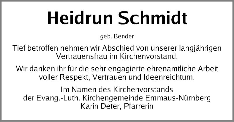  Traueranzeige für Heidrun Schmidt vom 25.10.2021 aus Gesamtausgabe Nürnberger Nachrichten/ Nürnberger Ztg.