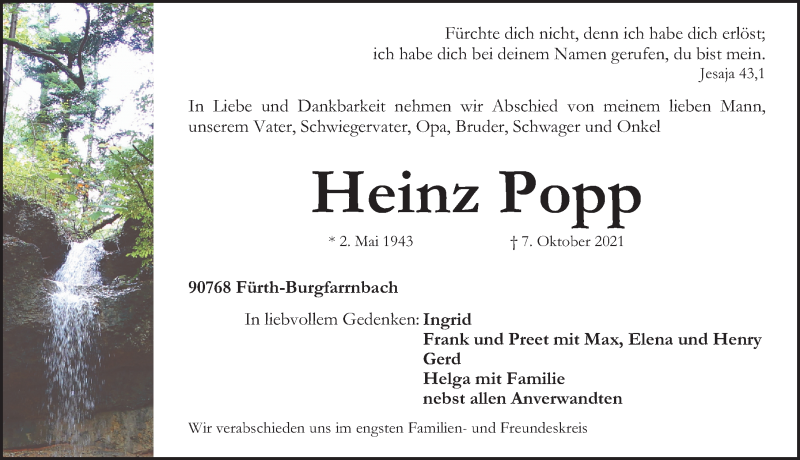  Traueranzeige für Heinz Popp vom 09.10.2021 aus Fürther Nachrichten Lokal