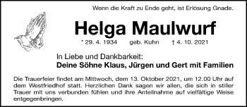 Traueranzeige von Helga Maulwurf von Gesamtausgabe Nürnberger Nachrichten/ Nürnberger Ztg.