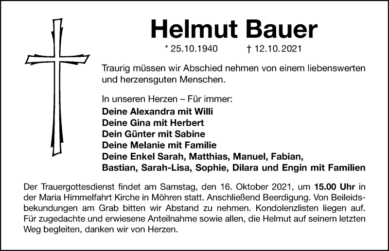  Traueranzeige für Helmut Bauer vom 14.10.2021 aus Weißenburger Tagblatt u.Treuchtlinger Kurier Lokal
