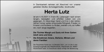 Traueranzeige von Herta Lutz von Gesamtausgabe Nürnberger Nachrichten/ Nürnberger Ztg.