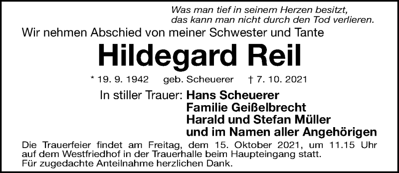  Traueranzeige für Hildegard Reil vom 13.10.2021 aus Gesamtausgabe Nürnberger Nachrichten/ Nürnberger Ztg.