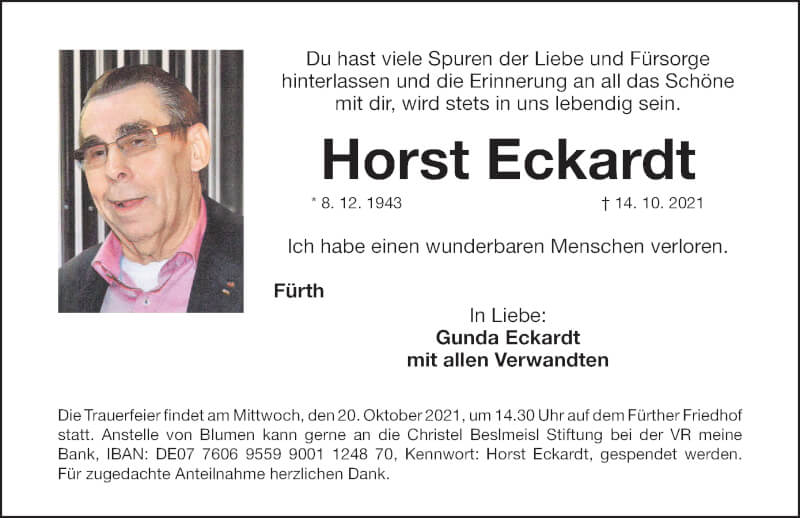  Traueranzeige für Horst Eckardt vom 16.10.2021 aus Fürther Nachrichten Lokal