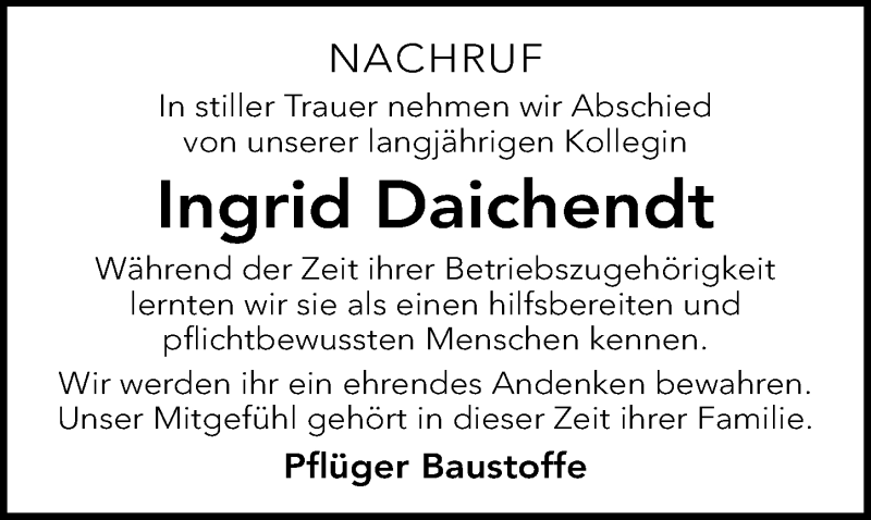  Traueranzeige für Ingrid Daichendt vom 21.10.2021 aus Windsheimer Zeitung Lokal