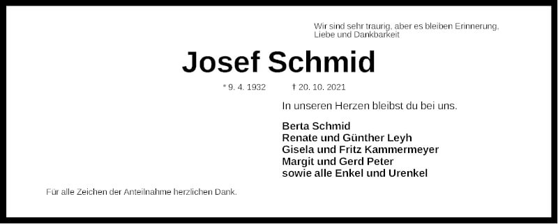  Traueranzeige für Josef Schmid vom 25.10.2021 aus Gesamtausgabe Nürnberger Nachrichten/ Nürnberger Ztg.