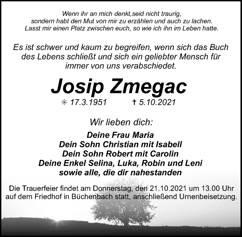  Traueranzeige für Josip Zmegac vom 20.10.2021 aus Erlanger Nachrichten Lokal