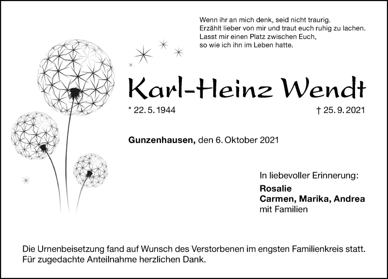  Traueranzeige für Karl-Heinz Wendt vom 06.10.2021 aus Altmühl-Bote Lokal