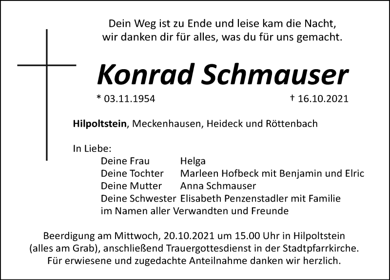  Traueranzeige für Konrad Schmauser vom 19.10.2021 aus Roth-Hilpoltsteiner Volkszeitung Lokal