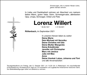 Traueranzeigen von Lorenz Willert | trauer.nn.de