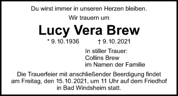 Traueranzeige von Lucy Vera Brew von Windsheimer Zeitung Lokal