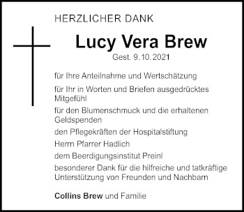 Traueranzeige von Lucy Vera Brew von Windsheimer Zeitung Lokal