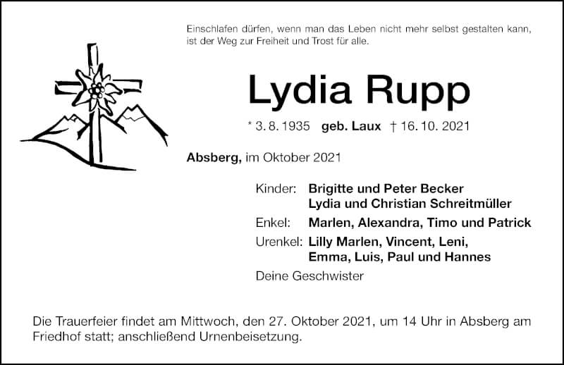  Traueranzeige für Lydia Rupp vom 25.10.2021 aus Altmühl-Bote Lokal
