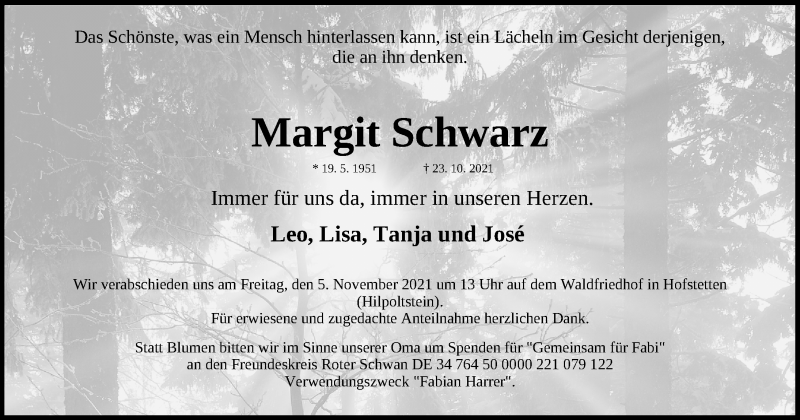  Traueranzeige für Margit Schwarz vom 27.10.2021 aus Roth-Hilpoltsteiner Volkszeitung Lokal