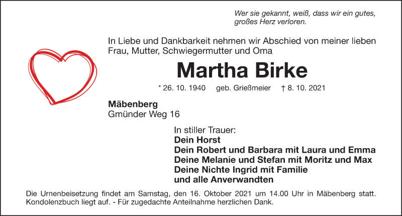  Traueranzeige für Martha Birke vom 14.10.2021 aus Roth-Hilpoltsteiner Volkszeitung Lokal