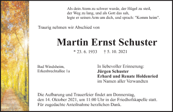 Traueranzeige von Martin Ernst Schuster von Windsheimer Zeitung Lokal