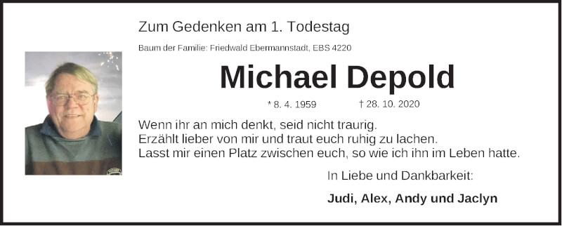  Traueranzeige für Michael Depold vom 30.10.2021 aus Erlanger Nachrichten Lokal