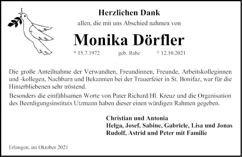  Traueranzeige für Monika Dörfler vom 30.10.2021 aus Erlanger Nachrichten Lokal