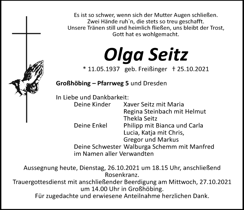  Traueranzeige für Olga Seitz vom 26.10.2021 aus Roth-Hilpoltsteiner Volkszeitung Lokal