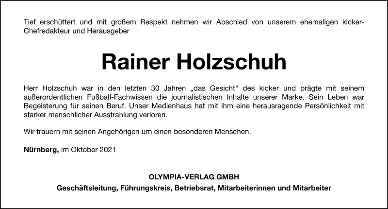  Traueranzeige für Rainer Holzschuh vom 09.10.2021 aus Gesamtausgabe Nürnberger Nachrichten/ Nürnberger Ztg.