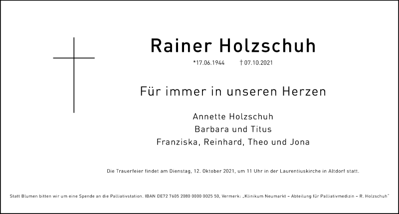  Traueranzeige für Rainer Holzschuh vom 09.10.2021 aus Gesamtausgabe Nürnberger Nachrichten/ Nürnberger Ztg.