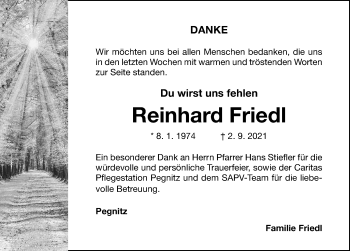 Traueranzeige von Reinhard Friedl von Nordbayerische Nachrichten Pegnitz Lokal