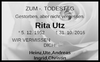 Traueranzeige von Rita Utz von Gesamtausgabe Nürnberger Nachrichten/ Nürnberger Ztg.