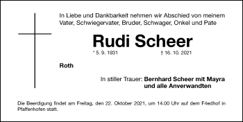 Traueranzeige von Rudi Scheer von Roth-Hilpoltsteiner Volkszeitung Lokal