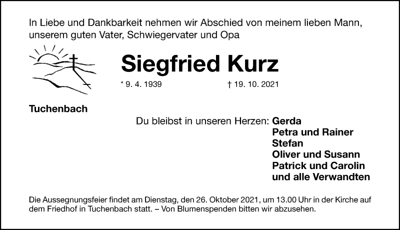  Traueranzeige für Siegfried Kurz vom 23.10.2021 aus Fürther Nachrichten Lokal
