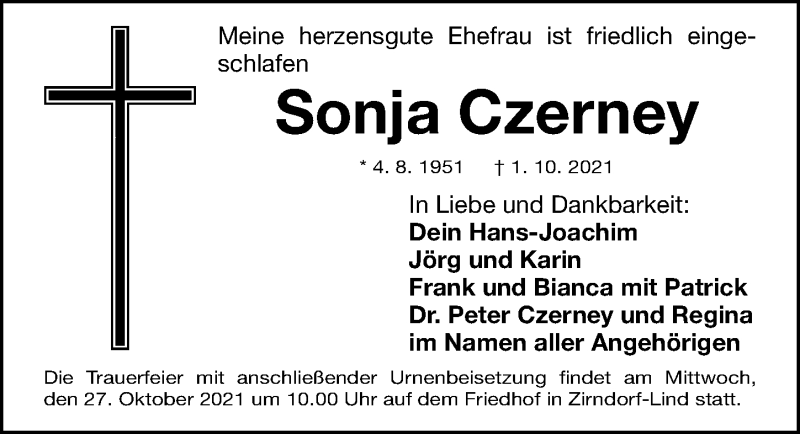  Traueranzeige für Sonja Czerney vom 22.10.2021 aus Fürther Nachrichten Lokal