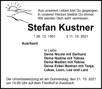 Traueranzeige von Stefan Kustner von Nordbayerische Nachrichten Pegnitz Lokal