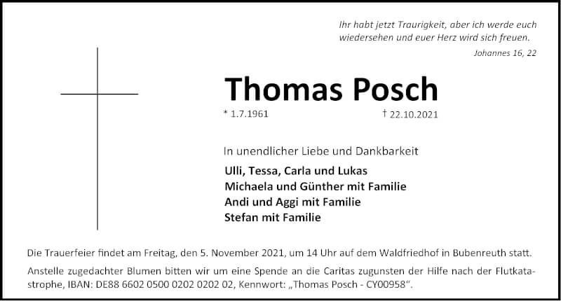  Traueranzeige für Thomas Posch vom 30.10.2021 aus Erlanger Nachrichten Lokal