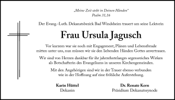 Traueranzeige von Ursula Jagusch von Windsheimer Zeitung Lokal