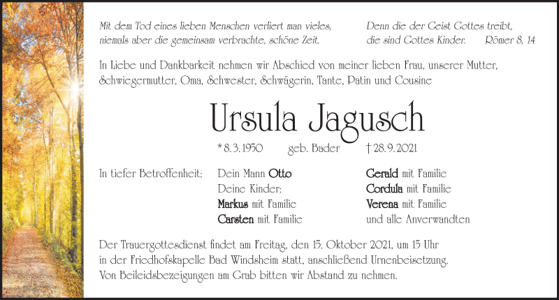  Traueranzeige für Ursula Jagusch vom 13.10.2021 aus Windsheimer Zeitung Lokal