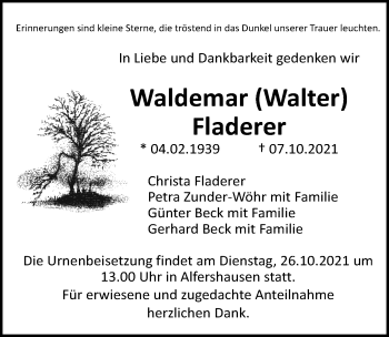 Traueranzeige von Waldemar Fladerer von Roth-Hilpoltsteiner Volkszeitung Lokal