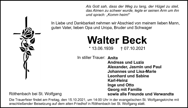  Traueranzeige für Walter Beck vom 12.10.2021 aus Gesamtausgabe Nürnberger Nachrichten/ Nürnberger Ztg.