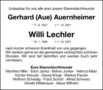 Traueranzeige von Willi Lechler von Gesamtausgabe Nürnberger Nachrichten/ Nürnberger Ztg.