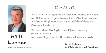 Traueranzeige von Willi Lehner von Roth-Hilpoltsteiner Volkszeitung Lokal