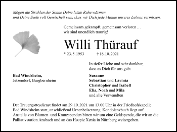 Traueranzeige von Willi Thürauf von Windsheimer Zeitung Lokal