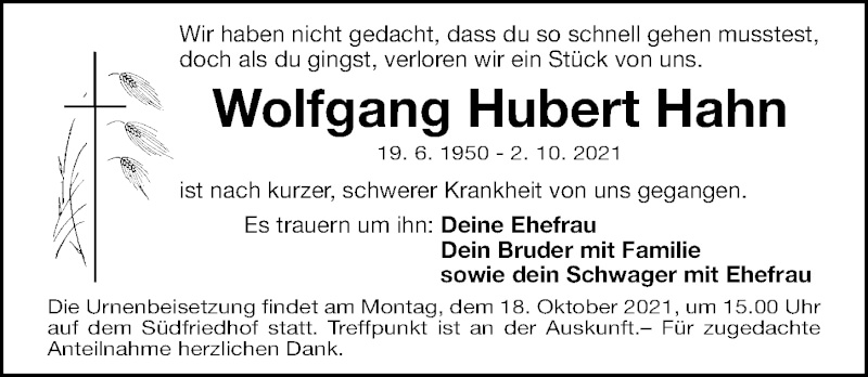  Traueranzeige für Wolfgang Hubert Hahn vom 16.10.2021 aus Gesamtausgabe Nürnberger Nachrichten/ Nürnberger Ztg.