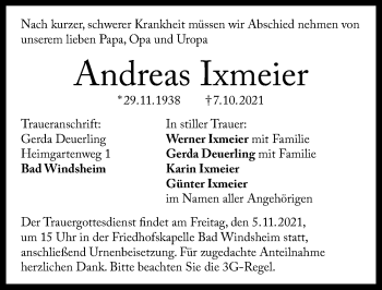 Traueranzeige von Andreas Ixmeier von Windsheimer Zeitung Lokal